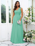 A-Line/Princess 30D Chiffon Sequin One-Shoulder Sleeveless Floor-Length Bridesmaid Dresses Evening Dress