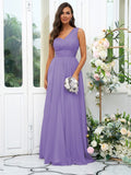 A-Line/Princess 30D Chiffon Sequin One-Shoulder Sleeveless Floor-Length Bridesmaid Dresses Evening Dress