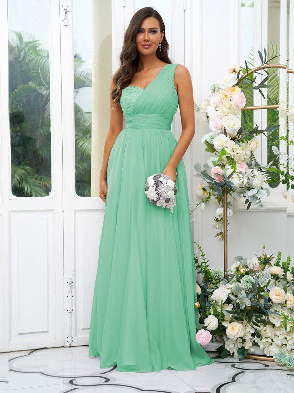 A-Line/Princess 30D Chiffon Sequin One-Shoulder Sleeveless Floor-Length Bridesmaid Dresses Evening Dress