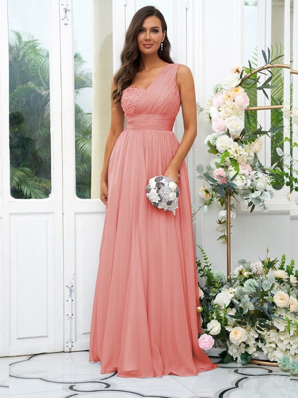 A-Line/Princess 30D Chiffon Sequin One-Shoulder Sleeveless Floor-Length Bridesmaid Dresses Evening Dress
