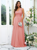 A-Line/Princess 30D Chiffon Sequin One-Shoulder Sleeveless Floor-Length Bridesmaid Dresses Evening Dress