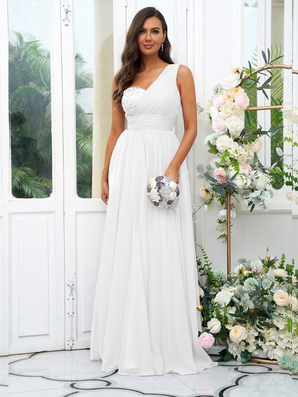 A-Line/Princess 30D Chiffon Sequin One-Shoulder Sleeveless Floor-Length Bridesmaid Dresses Evening Dress