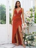 Sheath/Column Charmeuse Ruched V-neck Sleeveless Floor-Length Bridesmaid Dresses Evening Dress