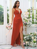 Sheath/Column Charmeuse Ruched V-neck Sleeveless Floor-Length Bridesmaid Dresses Evening Dress