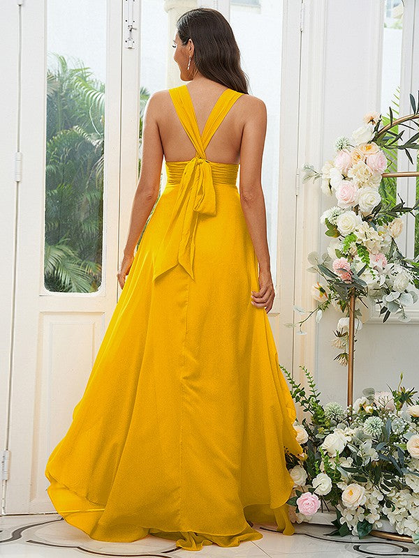 A-Line/Princess Chiffon Ruffles V-neck Sleeveless Floor-Length Bridesmaid Dresses Evening Prom Dress