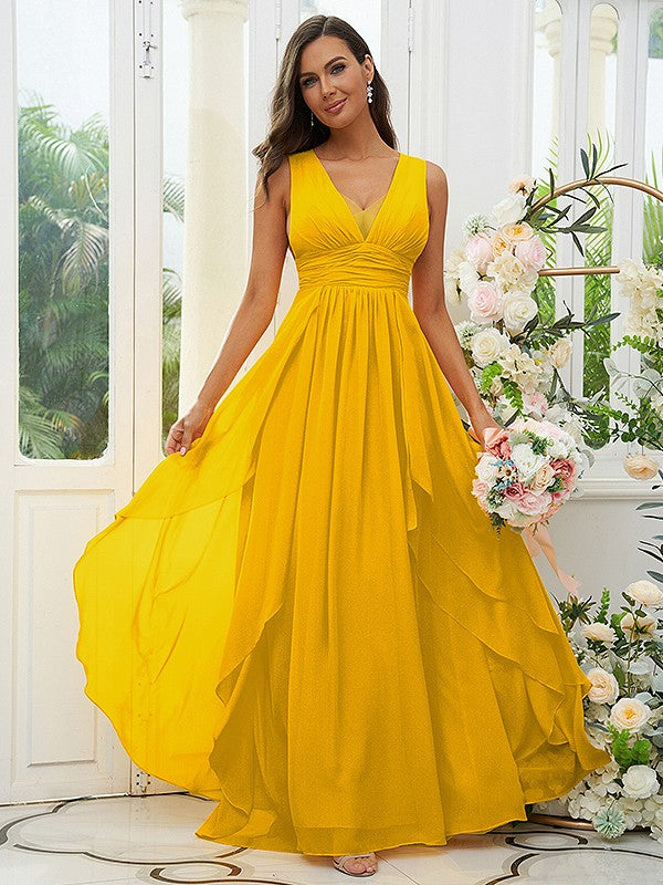 A-Line/Princess Chiffon Ruffles V-neck Sleeveless Floor-Length Bridesmaid Dresses Evening Prom Dress