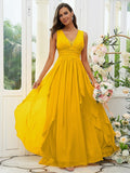 A-Line/Princess Chiffon Ruffles V-neck Sleeveless Floor-Length Bridesmaid Dresses Evening Prom Dress