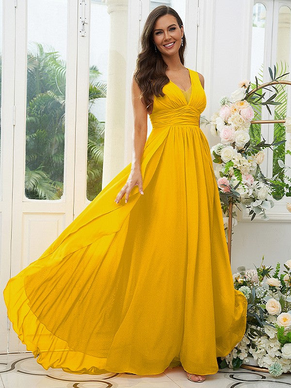 A-Line/Princess Chiffon Ruffles V-neck Sleeveless Floor-Length Bridesmaid Dresses Evening Prom Dress