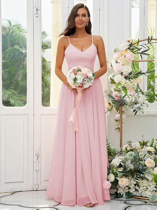 A-Line/Princess Chiffon Ruffles V-neck Sleeveless Floor-Length Bridesmaid Dresses Evening Dress