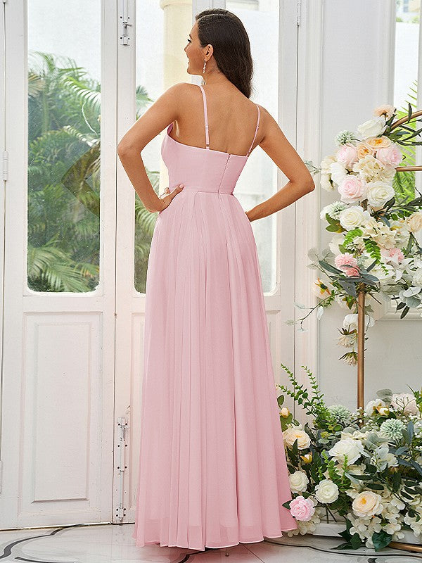 A-Line/Princess Chiffon Ruffles V-neck Sleeveless Floor-Length Bridesmaid Dresses Evening Dress