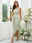 A-Line/Princess Silk like Satin Ruched One-Shoulder Sleeveless Tea-Length Bridesmaid Dresses Evening Prom Dress