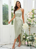 A-Line/Princess Silk like Satin Ruched One-Shoulder Sleeveless Tea-Length Bridesmaid Dresses Evening Prom Dress