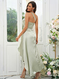 A-Line/Princess Silk like Satin Ruched One-Shoulder Sleeveless Tea-Length Bridesmaid Dresses Evening Prom Dress