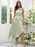 A-Line/Princess Silk like Satin Ruched One-Shoulder Sleeveless Tea-Length Bridesmaid Dresses Evening Prom Dress