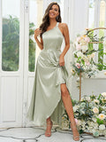 A-Line/Princess Silk like Satin Ruched One-Shoulder Sleeveless Tea-Length Bridesmaid Dresses Evening Prom Dress