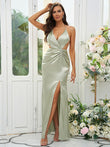 Sheath/Column Silk like Satin Ruched V-neck Sleeveless Floor-Length Bridesmaid Dresses Evening Prom Dress