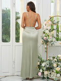Sheath/Column Silk like Satin Ruched V-neck Sleeveless Floor-Length Bridesmaid Dresses Evening Prom Dress