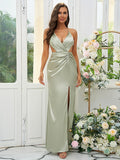 Sheath/Column Silk like Satin Ruched V-neck Sleeveless Floor-Length Bridesmaid Dresses Evening Prom Dress