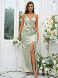 Sheath/Column Silk like Satin Ruched V-neck Sleeveless Floor-Length Bridesmaid Dresses Evening Prom Dress