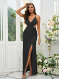 Sheath/Column Silk like Satin Ruched V-neck Sleeveless Floor-Length Bridesmaid Dresses Evening Prom Dress