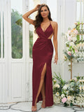 Sheath/Column Silk like Satin Ruched V-neck Sleeveless Floor-Length Bridesmaid Dresses Evening Prom Dress