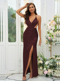 Sheath/Column Silk like Satin Ruched V-neck Sleeveless Floor-Length Bridesmaid Dresses Evening Prom Dress