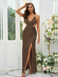Sheath/Column Silk like Satin Ruched V-neck Sleeveless Floor-Length Bridesmaid Dresses Evening Prom Dress