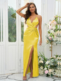 Sheath/Column Silk like Satin Ruched V-neck Sleeveless Floor-Length Bridesmaid Dresses Evening Prom Dress