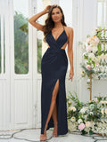 Sheath/Column Silk like Satin Ruched V-neck Sleeveless Floor-Length Bridesmaid Dresses Evening Prom Dress