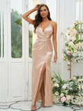 Sheath/Column Silk like Satin Ruched V-neck Sleeveless Floor-Length Bridesmaid Dresses Evening Prom Dress