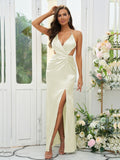 Sheath/Column Silk like Satin Ruched V-neck Sleeveless Floor-Length Bridesmaid Dresses Evening Prom Dress
