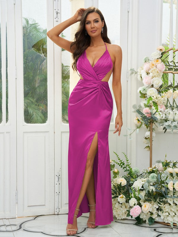 Sheath/Column Silk like Satin Ruched V-neck Sleeveless Floor-Length Bridesmaid Dresses Evening Prom Dress