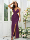 Sheath/Column Silk like Satin Ruched V-neck Sleeveless Floor-Length Bridesmaid Dresses Evening Prom Dress