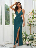 Sheath/Column Silk like Satin Ruched V-neck Sleeveless Floor-Length Bridesmaid Dresses Evening Prom Dress