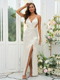 Sheath/Column Silk like Satin Ruched V-neck Sleeveless Floor-Length Bridesmaid Dresses Evening Prom Dress