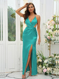 Sheath/Column Silk like Satin Ruched V-neck Sleeveless Floor-Length Bridesmaid Dresses Evening Prom Dress