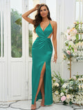 Sheath/Column Silk like Satin Ruched V-neck Sleeveless Floor-Length Bridesmaid Dresses Evening Prom Dress