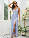 Sheath/Column Silk like Satin Ruched V-neck Sleeveless Floor-Length Bridesmaid Dresses Evening Prom Dress