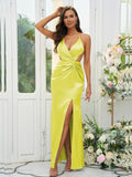 Sheath/Column Silk like Satin Ruched V-neck Sleeveless Floor-Length Bridesmaid Dresses Evening Prom Dress