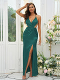 Sheath/Column Silk like Satin Ruched V-neck Sleeveless Floor-Length Bridesmaid Dresses Evening Prom Dress