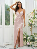 Sheath/Column Silk like Satin Ruched V-neck Sleeveless Floor-Length Bridesmaid Dresses Evening Prom Dress