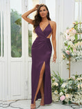 Sheath/Column Silk like Satin Ruched V-neck Sleeveless Floor-Length Bridesmaid Dresses Evening Prom Dress