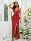 Sheath/Column Silk like Satin Ruched V-neck Sleeveless Floor-Length Bridesmaid Dresses Evening Prom Dress