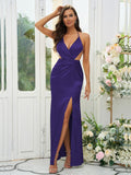 Sheath/Column Silk like Satin Ruched V-neck Sleeveless Floor-Length Bridesmaid Dresses Evening Prom Dress