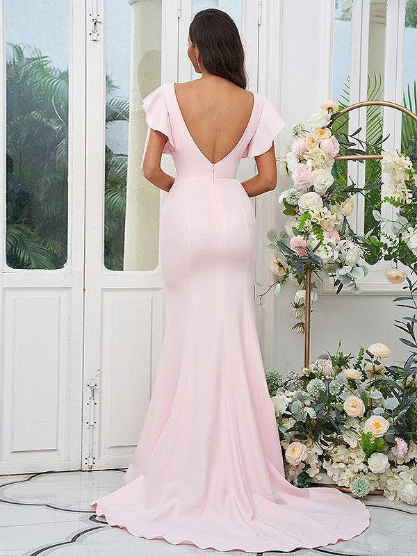 Sheath/Column Stretch Crepe Ruffles Scoop Short Sleeves Sweep/Brush Train Bridesmaid Dresses Evening Dress