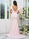 Sheath/Column Stretch Crepe Ruffles Scoop Short Sleeves Sweep/Brush Train Bridesmaid Dresses Evening Dress