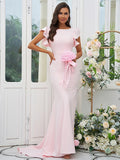 Sheath/Column Stretch Crepe Ruffles Scoop Short Sleeves Sweep/Brush Train Bridesmaid Dresses Evening Dress