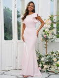 Sheath/Column Stretch Crepe Ruffles Scoop Short Sleeves Sweep/Brush Train Bridesmaid Dresses Evening Dress