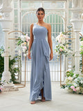 Sheath/Column Chiffon Ruffles One-Shoulder Sleeveless Floor-Length Bridesmaid Dresses Evening Prom Dress