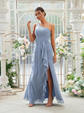 Sheath/Column Chiffon Ruffles One-Shoulder Sleeveless Floor-Length Bridesmaid Dresses Evening Prom Dress